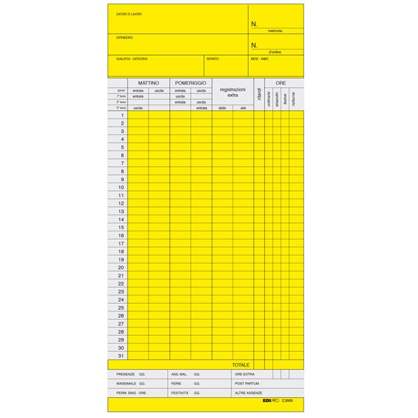 MODULISTICA-COD E3866- SCHEDE OROLOGIO MENSILI - GIALLO- 22x10 CF.100 PZ.