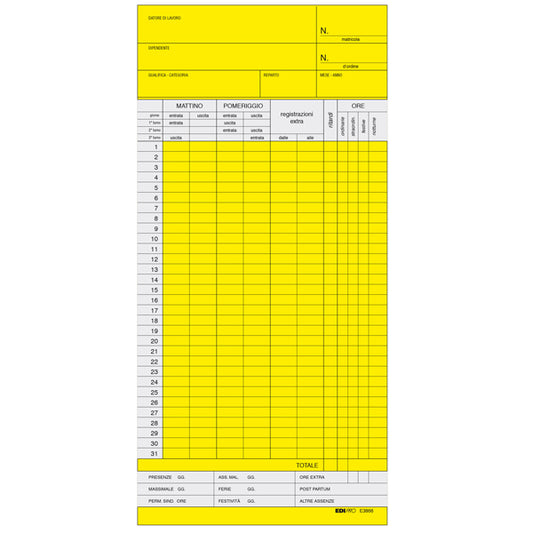 MODULISTICA-COD E3866- SCHEDE OROLOGIO MENSILI - GIALLO- 22x10 CF.100 PZ.