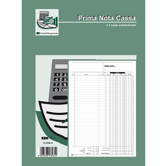 MODULISTICA-COD E5356A- BLOCCO PRIMA NOTA CASSA ENTRATE/USCITE/IVA- 50/50 FOGLI 2 COPIE-31x21