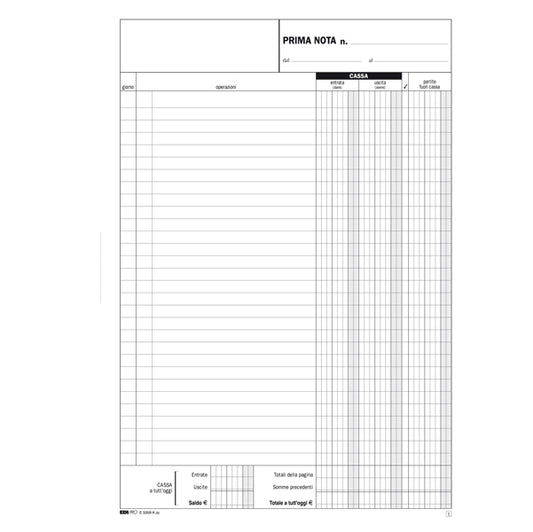 MODULISTICA-COD E5359A- BLOCCO PRIMA NOTA CASSA ENTRATE/USCITE - 50/50 FOGLI AUTORICALCANTI - 31x21