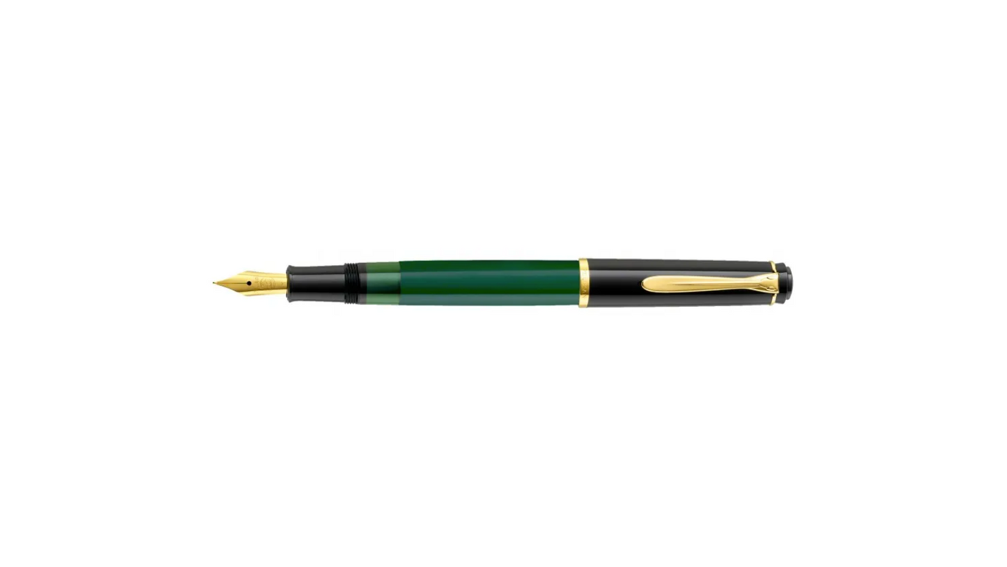 Stilografica Pelikan M251 Verde Nera Pennino Acciaio Dorato Caricamento a Stantuffo Set con Inchiostro