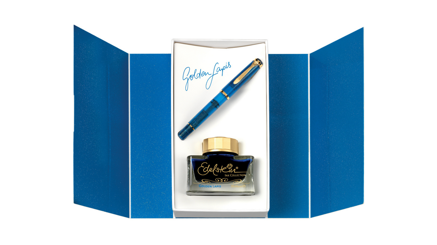 Stilografica M200 Golden Lapis Special Edition Resina Blu Satinata Finiture Oro Set con Inchiostro – Pelikan