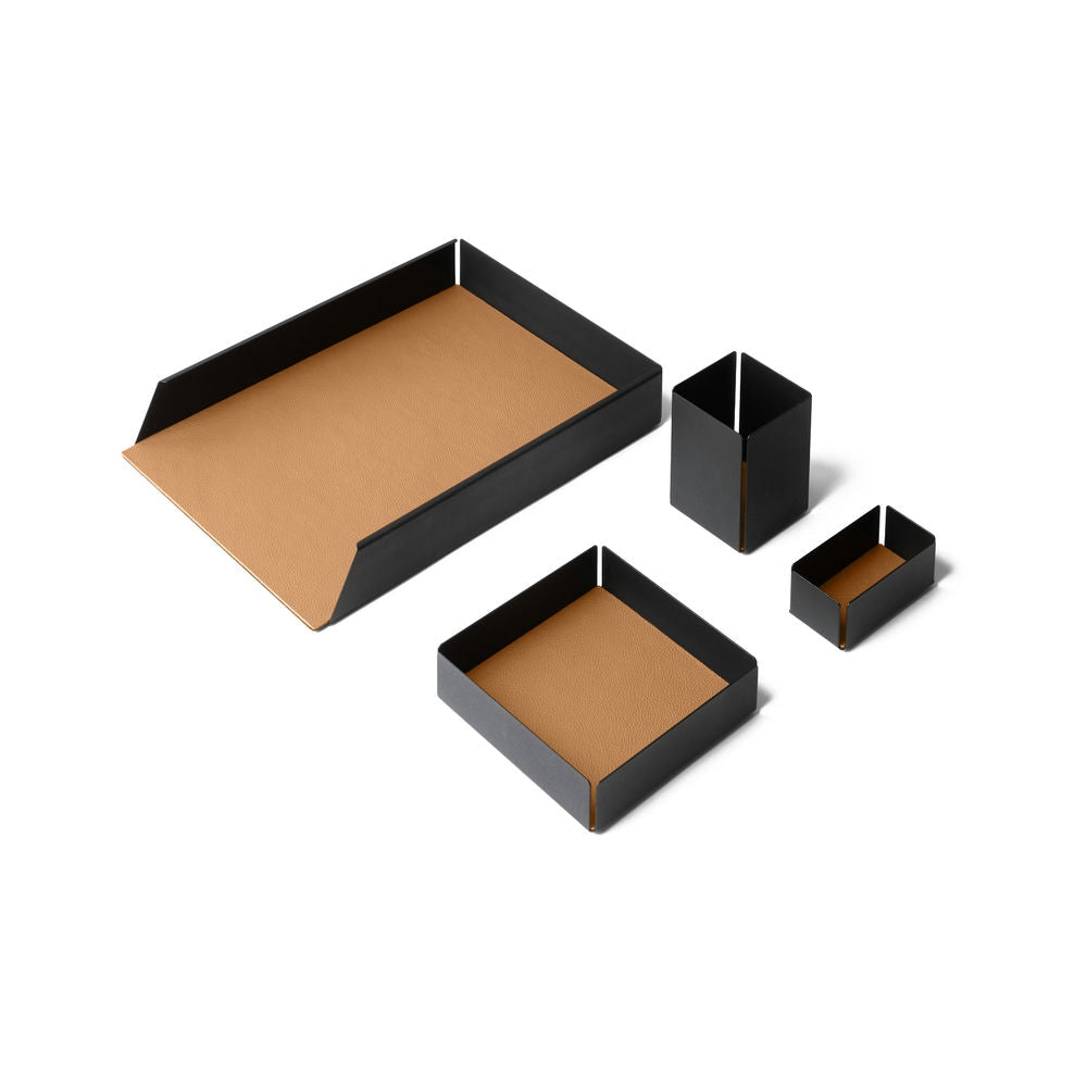 Set Scrivania Dafne Acciaio Nero e Vera Pelle 4 Accessori Coordinati 17 Colori Made in Italy - Eglooh