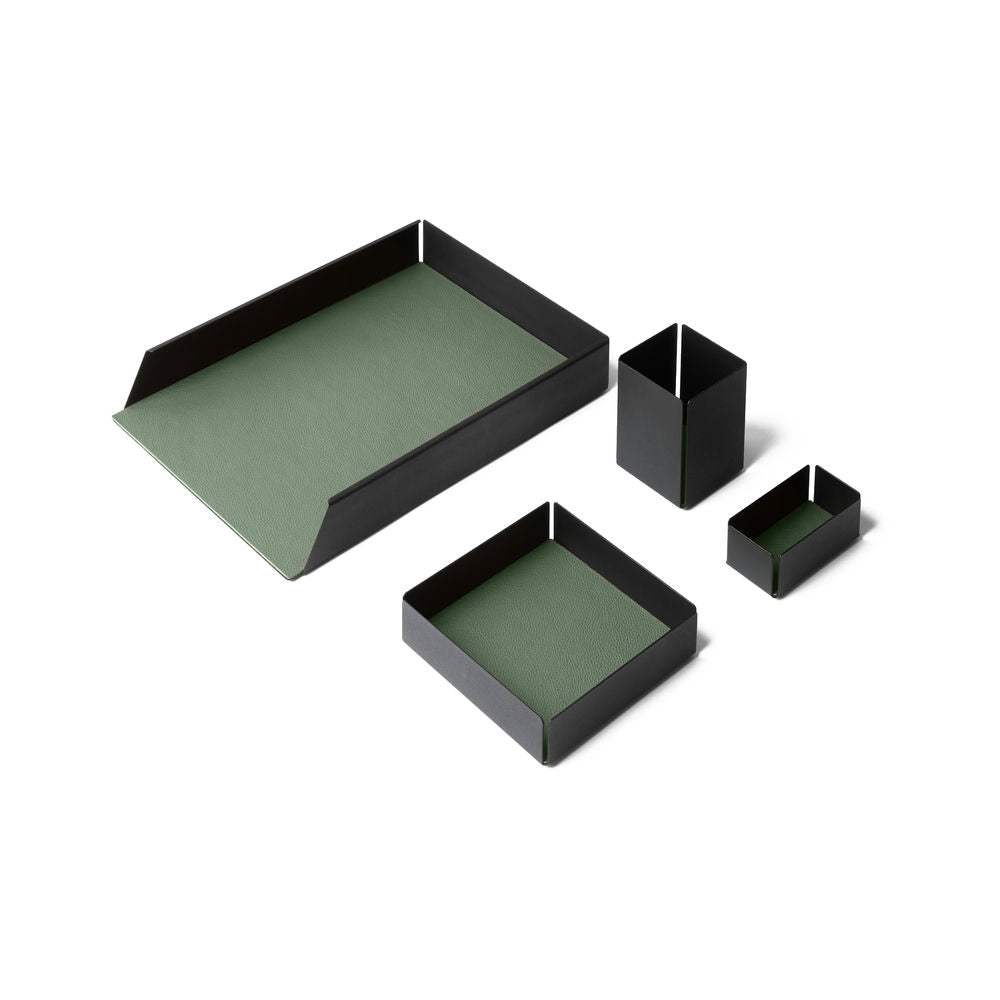 Set Scrivania Dafne Acciaio Nero e Vera Pelle 4 Accessori Coordinati 17 Colori Made in Italy - Eglooh
