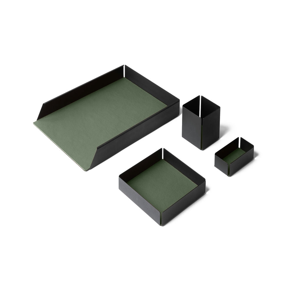 Set Scrivania Dafne Acciaio Nero e Vera Pelle 4 Accessori Coordinati 17 Colori Made in Italy - Eglooh