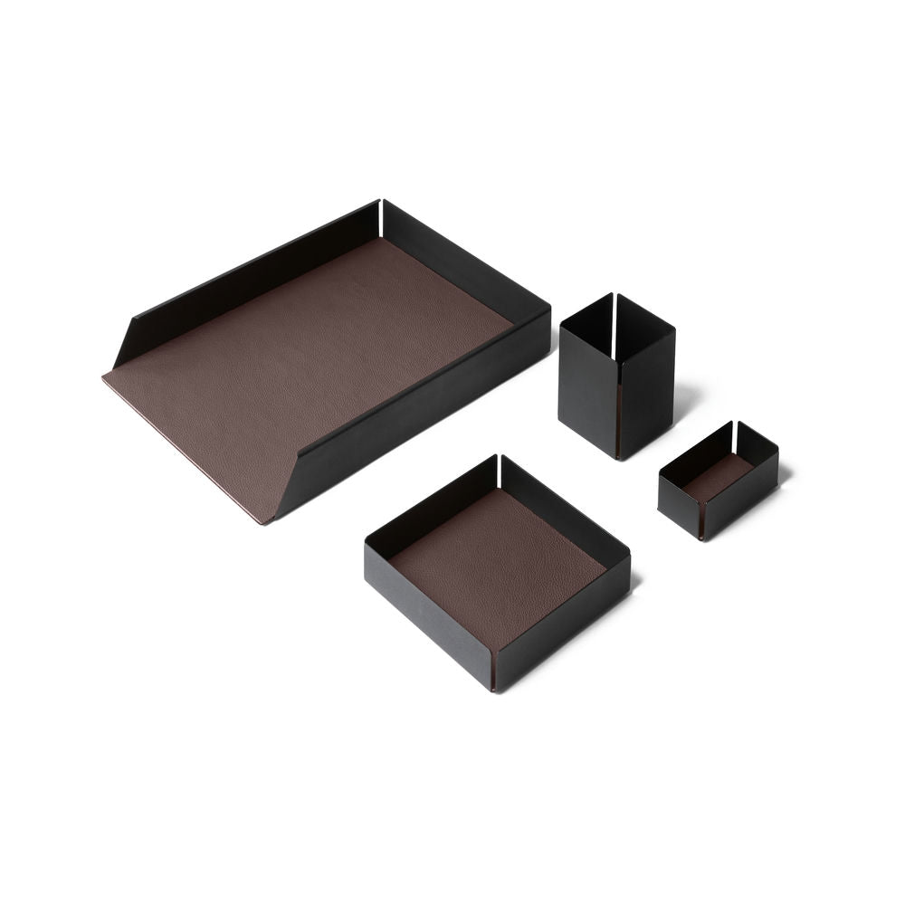 Set Scrivania Dafne Acciaio Nero e Vera Pelle 4 Accessori Coordinati 17 Colori Made in Italy - Eglooh