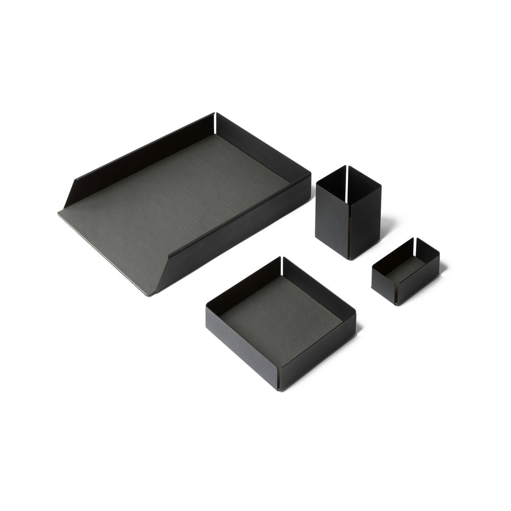 Set Scrivania Dafne Acciaio Nero e Vera Pelle 4 Accessori Coordinati 17 Colori Made in Italy - Eglooh