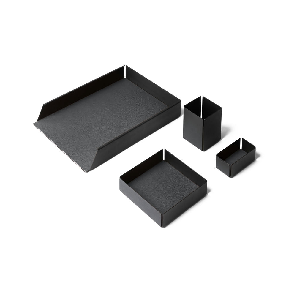 Set Scrivania Dafne Acciaio Nero e Vera Pelle 4 Accessori Coordinati 17 Colori Made in Italy - Eglooh