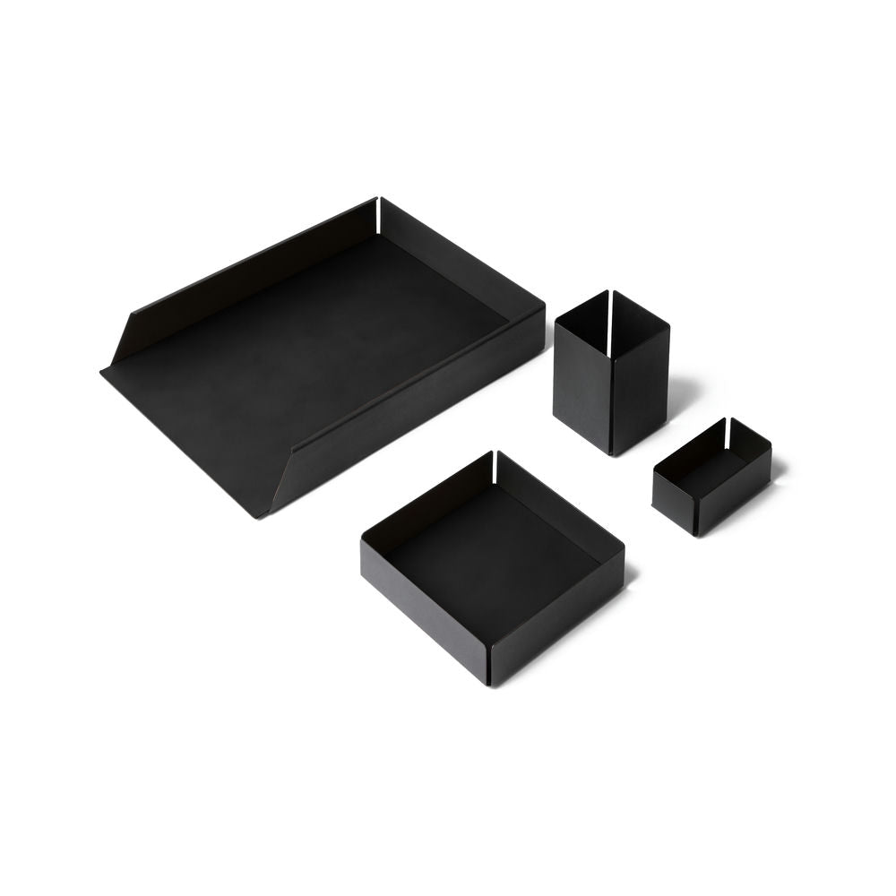 Set Scrivania Moiré Acciaio Nero e Cuoio Rigenerato 4 Accessori Coordinati 11 Colori Made in Italy - Eglooh