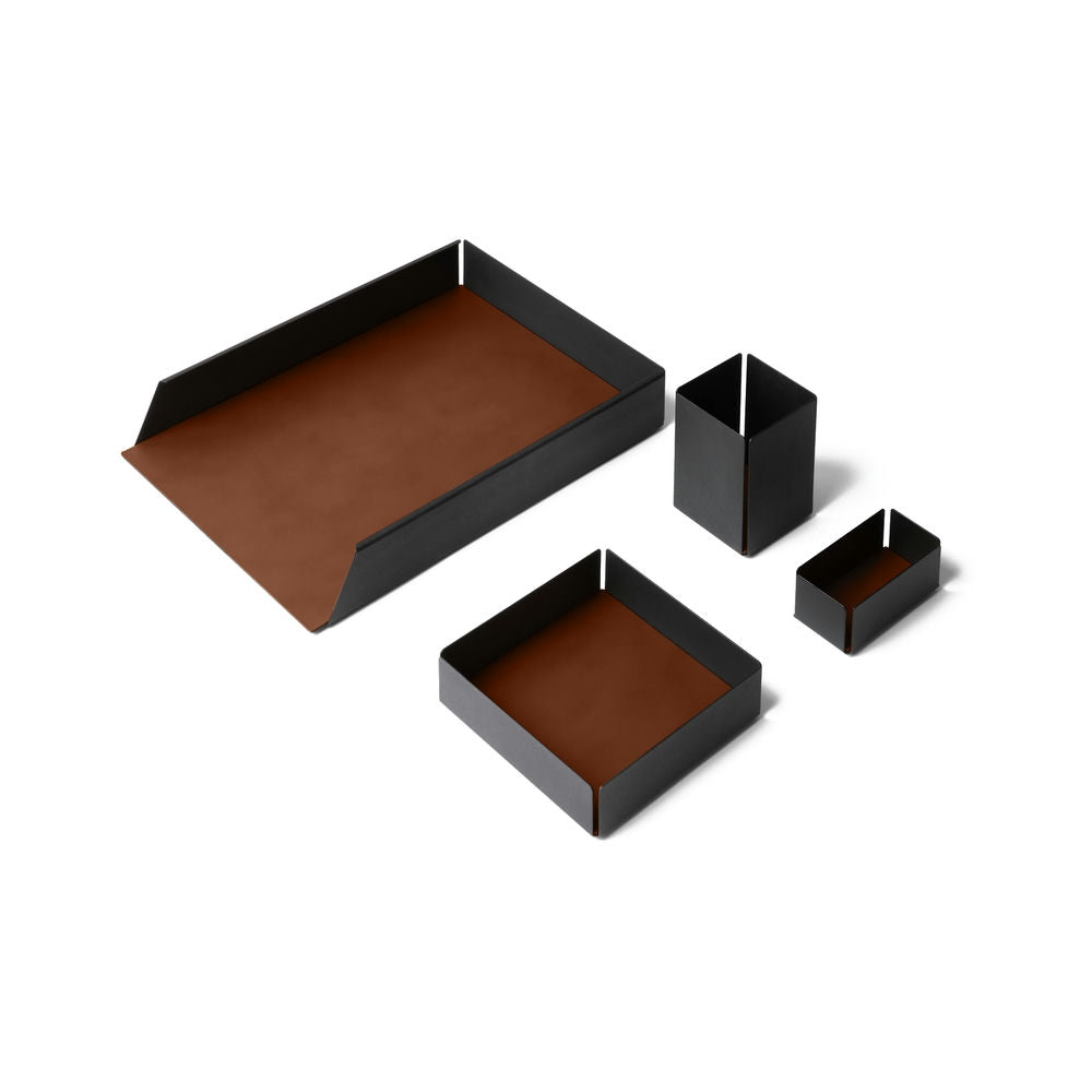 Set Scrivania Moiré Acciaio Nero e Cuoio Rigenerato 4 Accessori Coordinati 11 Colori Made in Italy - Eglooh
