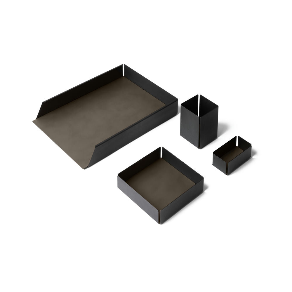 Set Scrivania Moiré Acciaio Nero e Cuoio Rigenerato 4 Accessori Coordinati 11 Colori Made in Italy - Eglooh