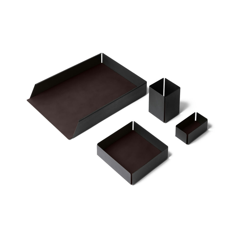 Set Scrivania Moiré Acciaio Nero e Cuoio Rigenerato 4 Accessori Coordinati 11 Colori Made in Italy - Eglooh
