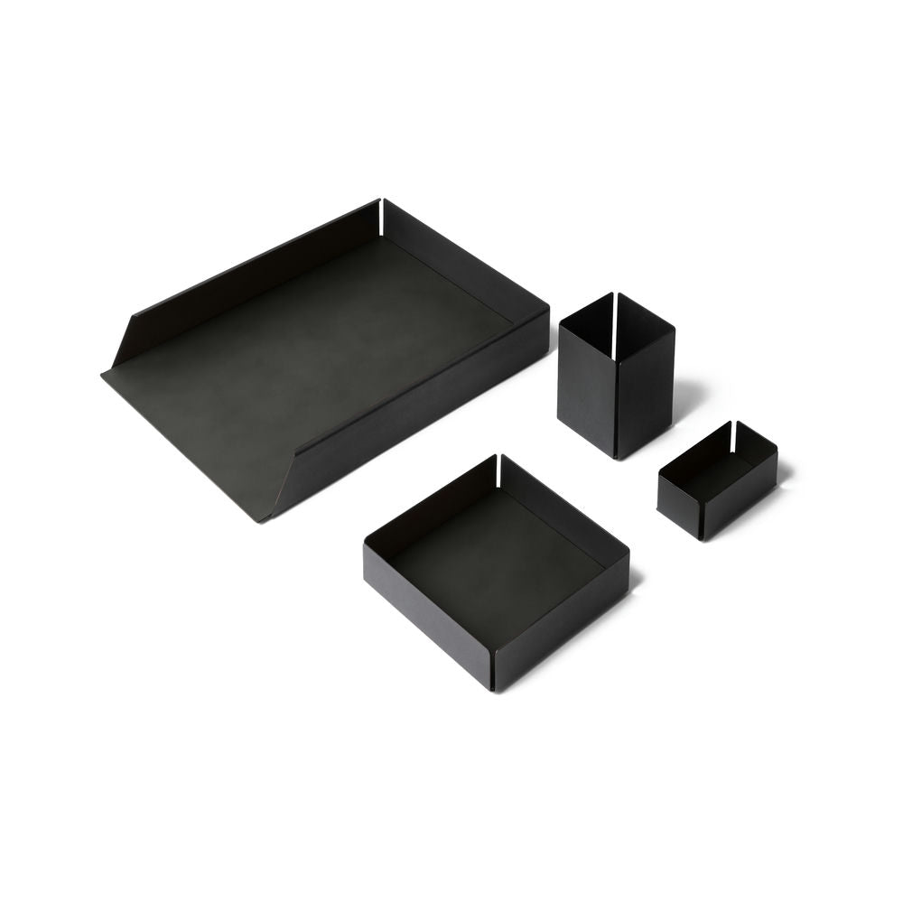 Set Scrivania Moiré Acciaio Nero e Cuoio Rigenerato 4 Accessori Coordinati 11 Colori Made in Italy - Eglooh