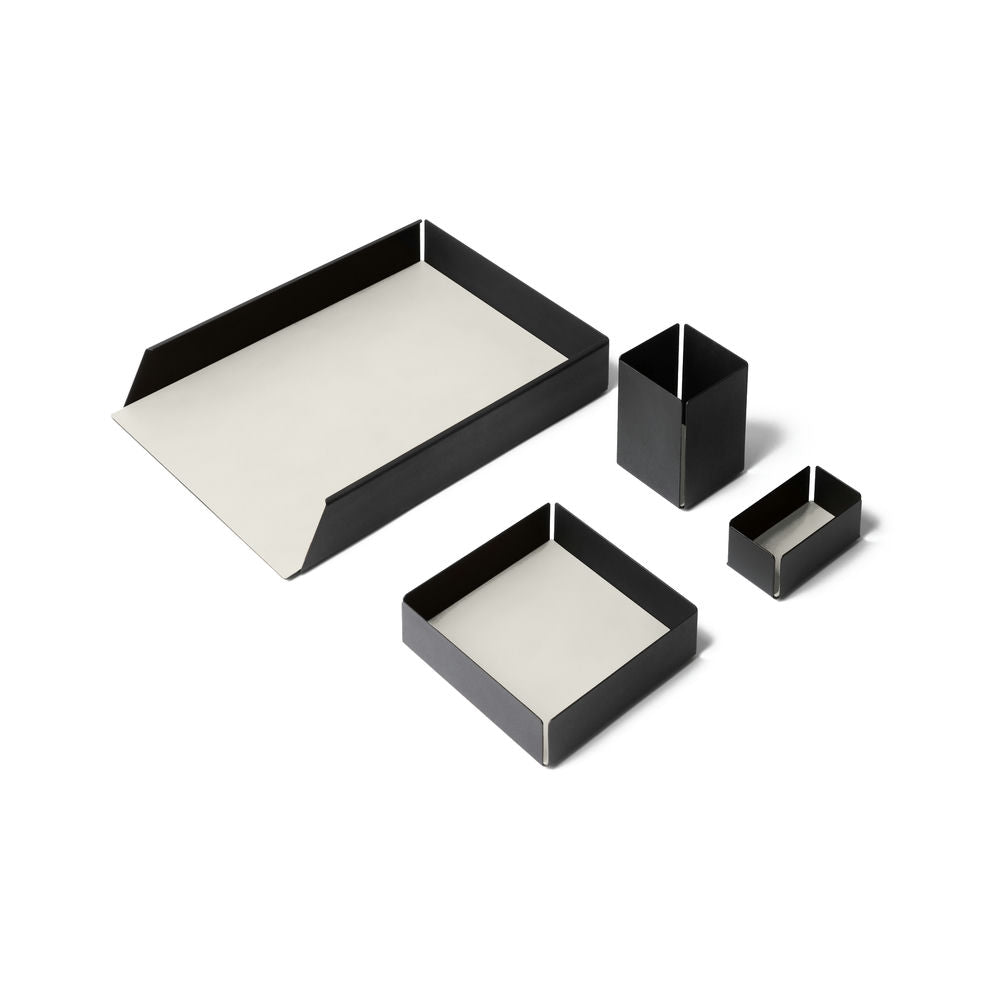 Set Scrivania Moiré Acciaio Nero e Cuoio Rigenerato 4 Accessori Coordinati 11 Colori Made in Italy - Eglooh
